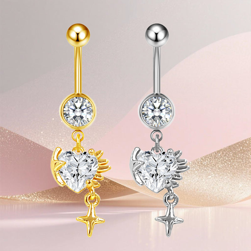 Three-dimensional Heart Shape Copper Belly Ring With Platinum Plated Electroplated Finish And Zircon Inlay