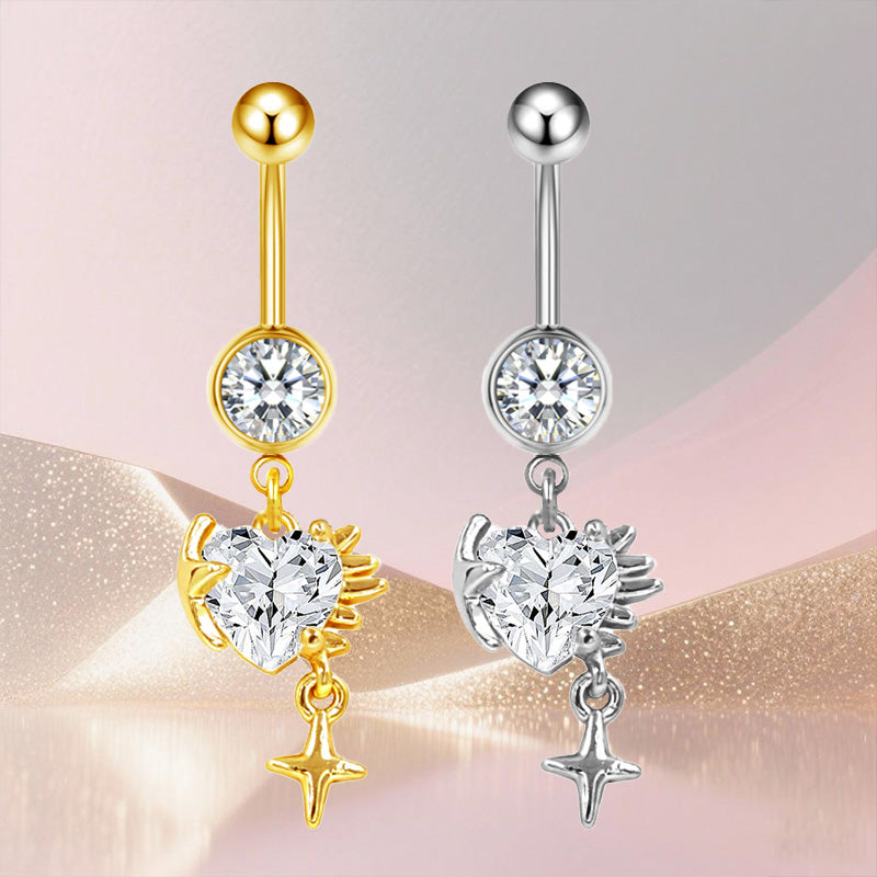 Three-dimensional Heart Shape Copper Belly Ring With Platinum Plated Electroplated Finish And Zircon Inlay