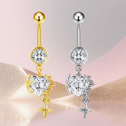 Three-dimensional Heart Shape Copper Belly Ring With Platinum Plated Electroplated Finish And Zircon Inlay