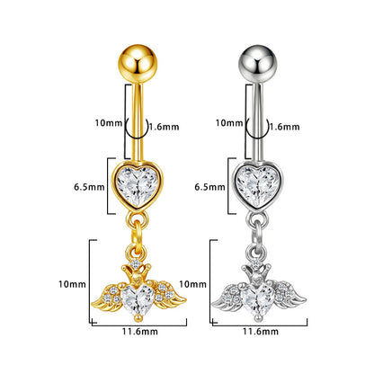 Three-dimensional Heart Shape Copper Belly Ring With Platinum Plated Electroplated Finish And Zircon Inlay