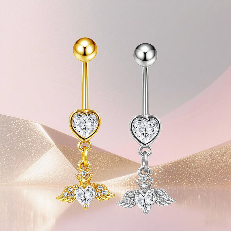 Three-dimensional Heart Shape Copper Belly Ring With Platinum Plated Electroplated Finish And Zircon Inlay