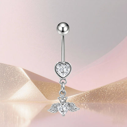 Three-dimensional Heart Shape Copper Belly Ring With Platinum Plated Electroplated Finish And Zircon Inlay