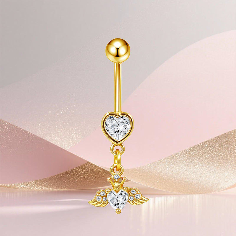 Three-dimensional Heart Shape Copper Belly Ring With Platinum Plated Electroplated Finish And Zircon Inlay