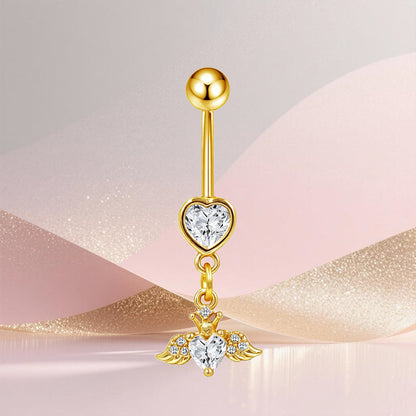 Three-dimensional Heart Shape Copper Belly Ring With Platinum Plated Electroplated Finish And Zircon Inlay