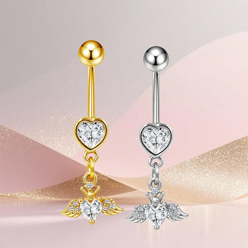 Three-dimensional Heart Shape Copper Belly Ring With Platinum Plated Electroplated Finish And Zircon Inlay
