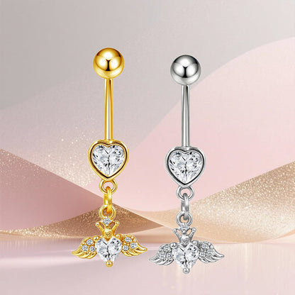 Three-dimensional Heart Shape Copper Belly Ring With Platinum Plated Electroplated Finish And Zircon Inlay