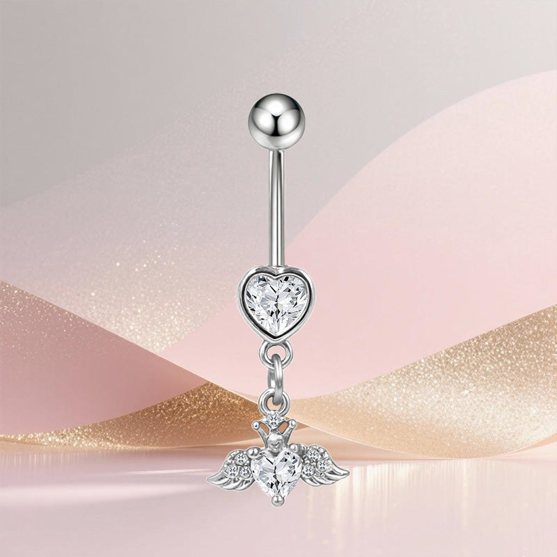 Three-dimensional Heart Shape Copper Belly Ring With Platinum Plated Electroplated Finish And Zircon Inlay