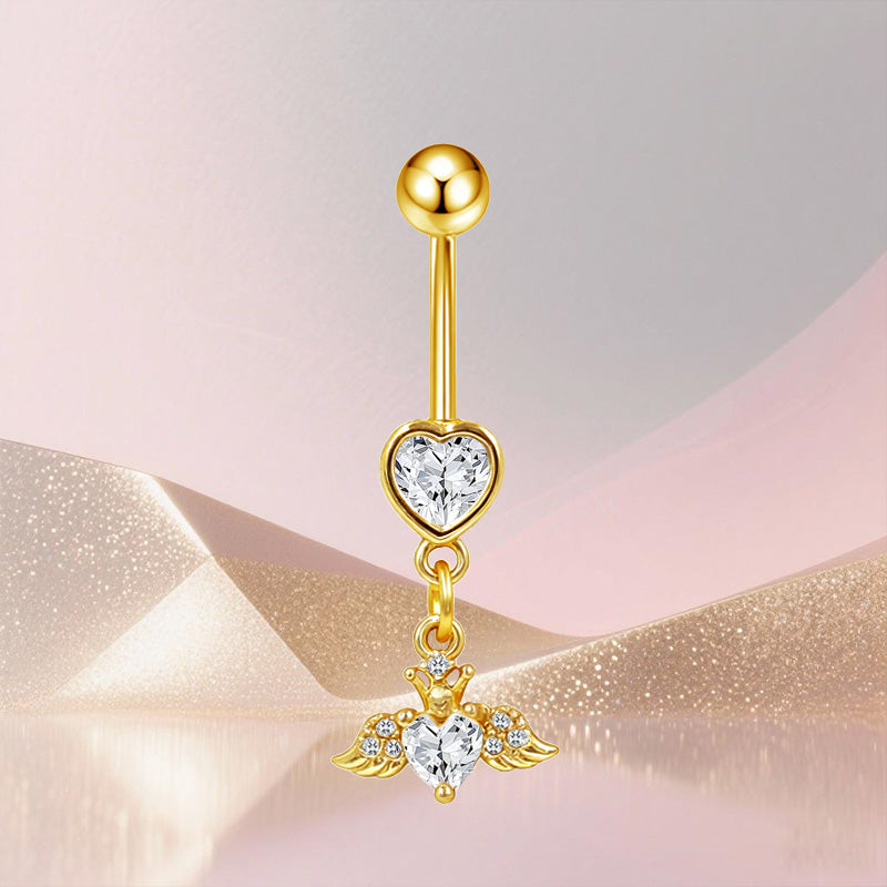 Three-dimensional Heart Shape Copper Belly Ring With Platinum Plated Electroplated Finish And Zircon Inlay