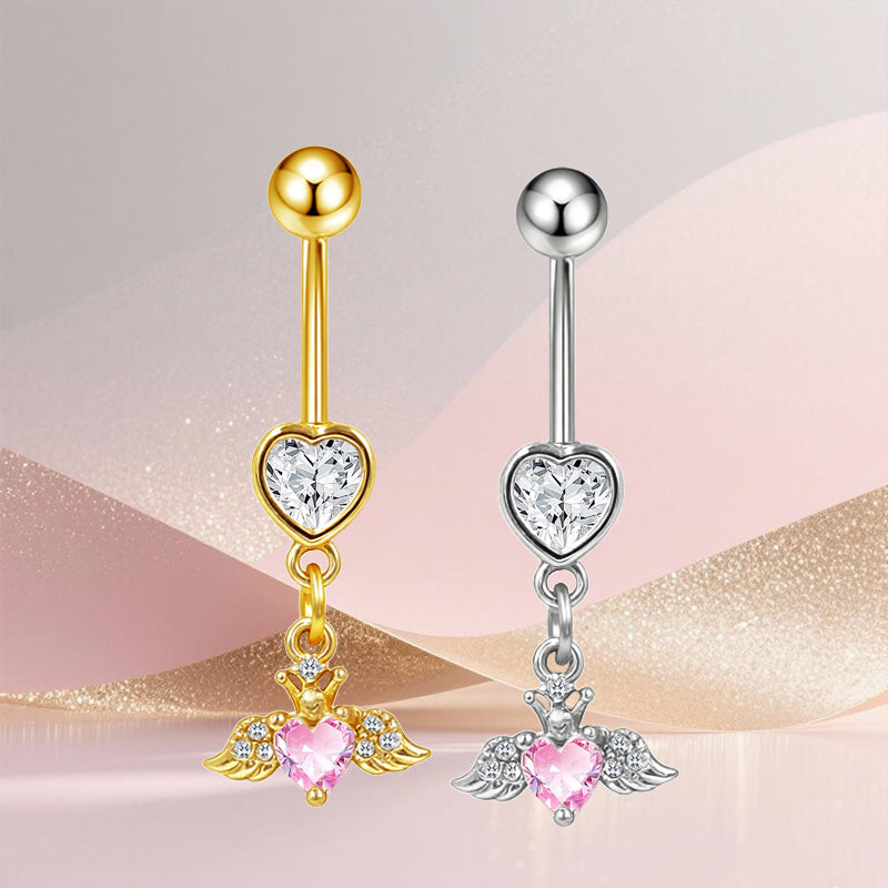 Three-dimensional Heart Shape Copper Belly Ring With Platinum Plated Electroplated Finish And Zircon Inlay