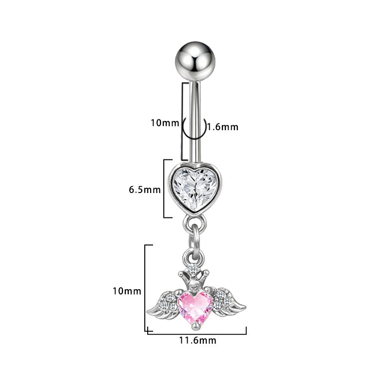 Three-dimensional Heart Shape Copper Belly Ring With Platinum Plated Electroplated Finish And Zircon Inlay