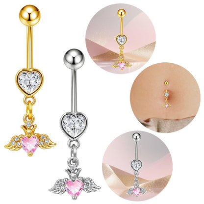 Three-dimensional Heart Shape Copper Belly Ring With Platinum Plated Electroplated Finish And Zircon Inlay