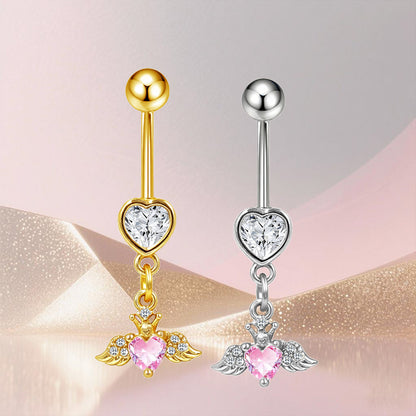 Three-dimensional Heart Shape Copper Belly Ring With Platinum Plated Electroplated Finish And Zircon Inlay