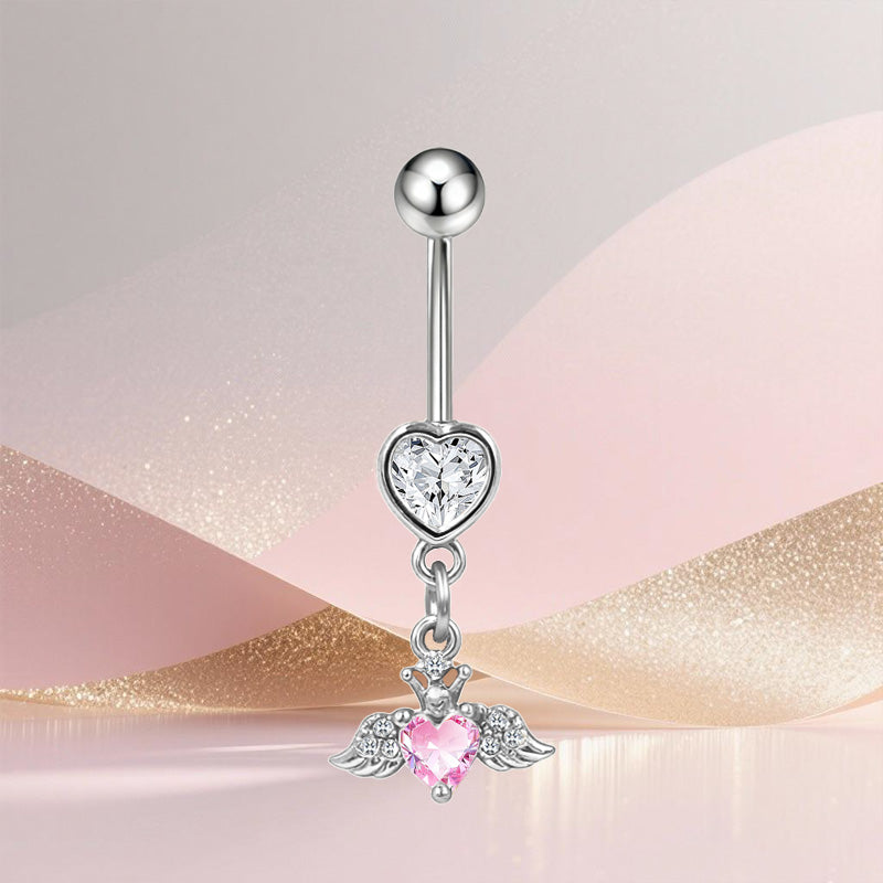 Three-dimensional Heart Shape Copper Belly Ring With Platinum Plated Electroplated Finish And Zircon Inlay