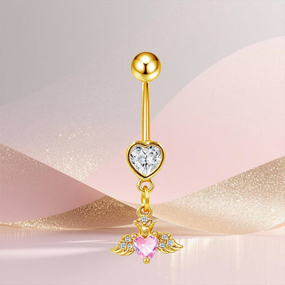 Three-dimensional Heart Shape Copper Belly Ring With Platinum Plated Electroplated Finish And Zircon Inlay