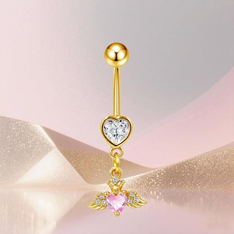 Three-dimensional Heart Shape Copper Belly Ring With Platinum Plated Electroplated Finish And Zircon Inlay