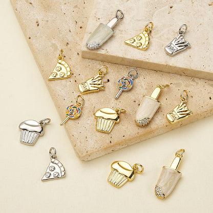 Ice Cream Pendant In Copper With 18K Real Gold Electroplating, Zircon Inlay, And 0.05µm-0.08µm Plating Thickness, 1 Pc Package
