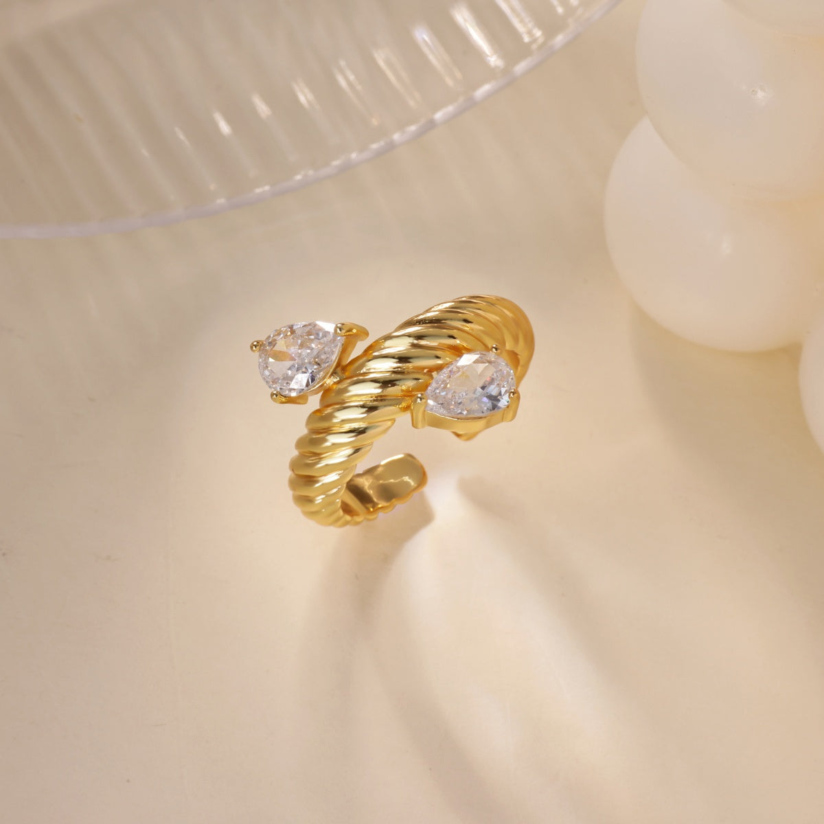Water Droplets Ring For Women In Electroplated Copper With 18K Real Gold Plated Finish And Zircon Inlay