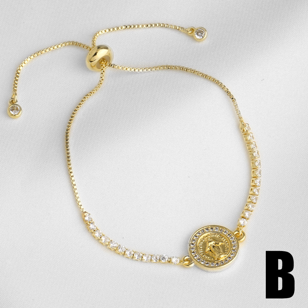 Virgin Mary Bracelet For Unisex Featuring Copper Material With 18K Real Gold Plated And Zircon Inlay On Cable Chain