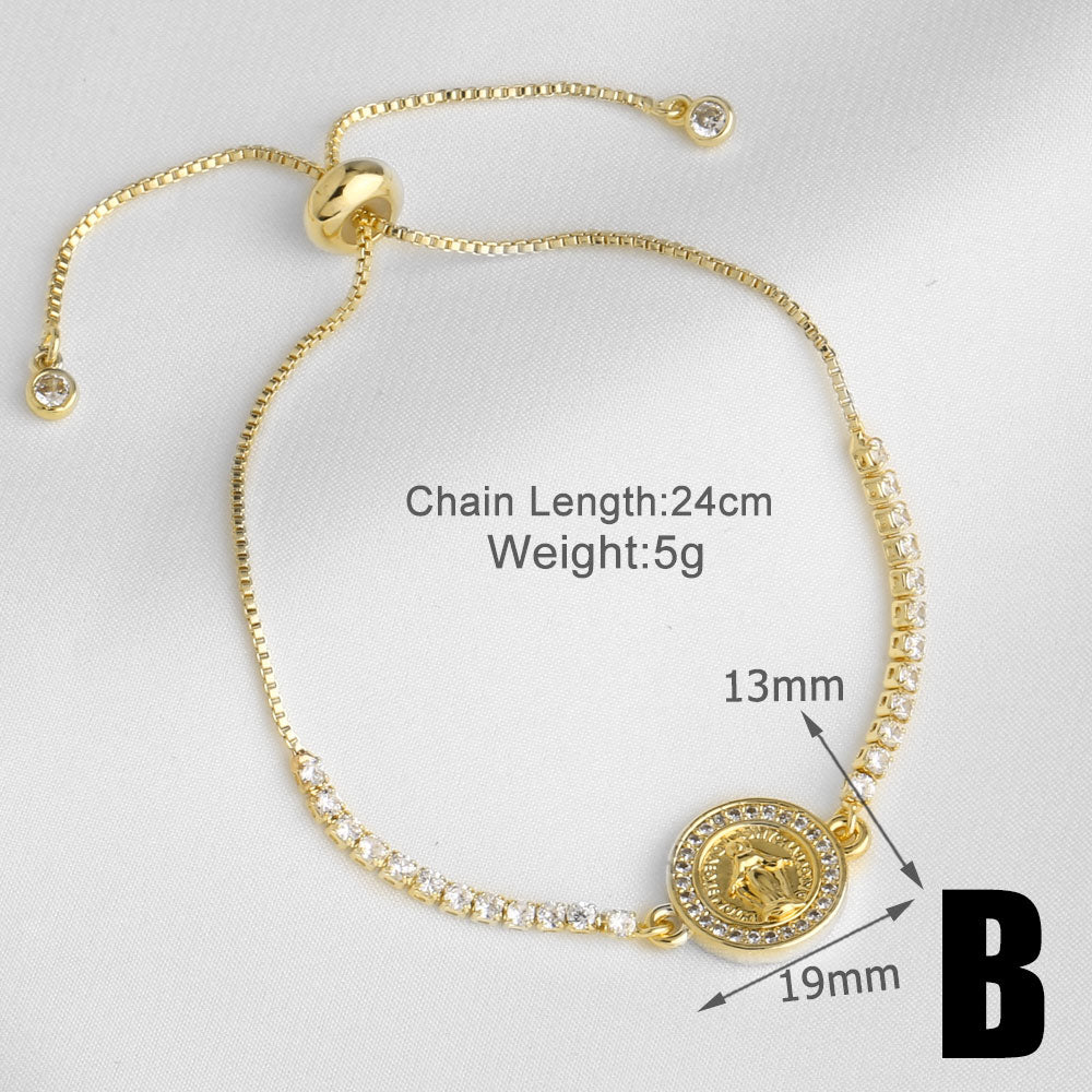 Virgin Mary Bracelet For Unisex Featuring Copper Material With 18K Real Gold Plated And Zircon Inlay On Cable Chain