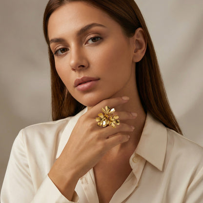 IG Style Flowers Ring For Women In 304 Stainless Steel With 18K Gold Plated PVD Coated Finish And 0.03µm-0.05µm Thickness