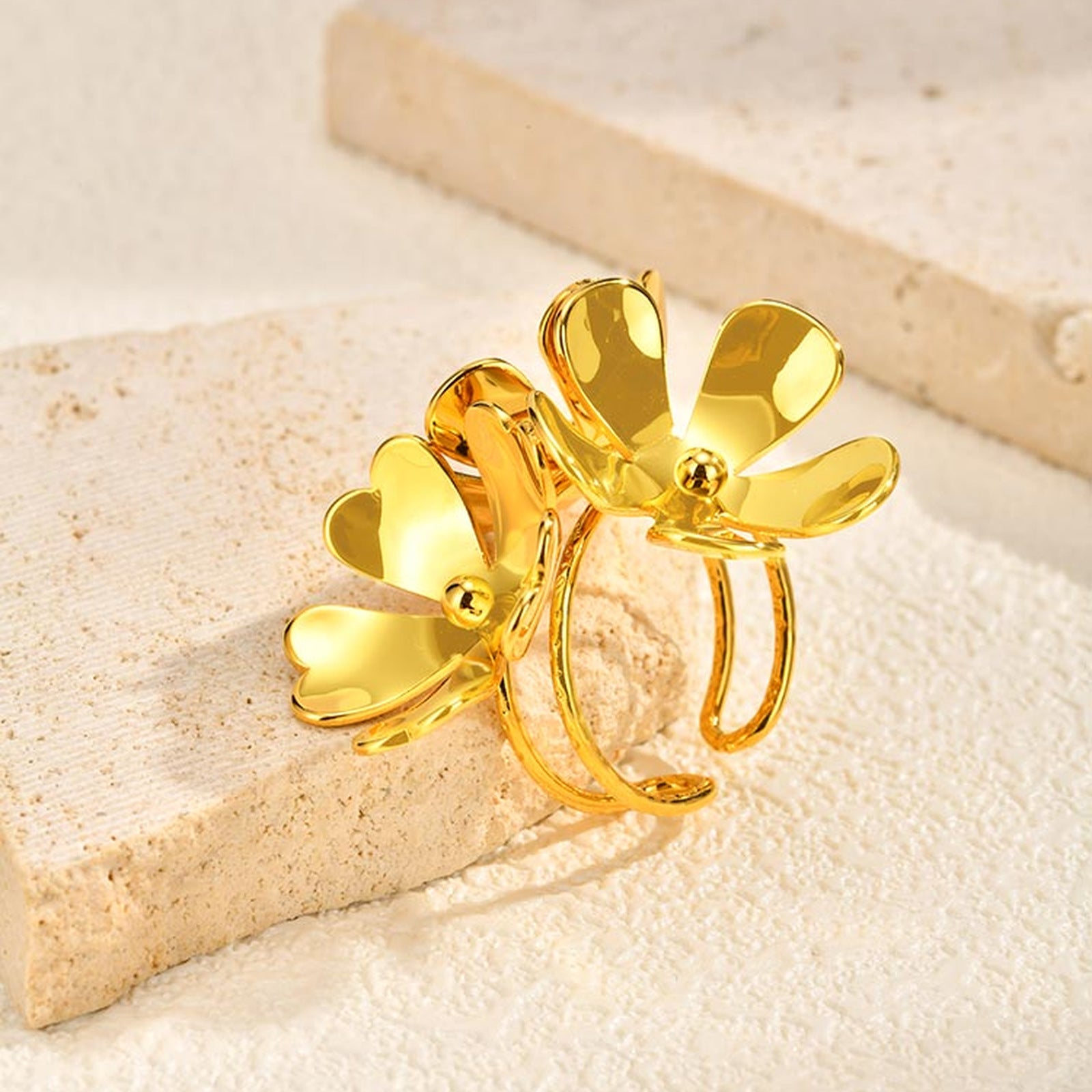 IG Style Flowers Ring For Women In 304 Stainless Steel With 18K Gold Plated PVD Coated Finish And 0.03µm-0.05µm Thickness