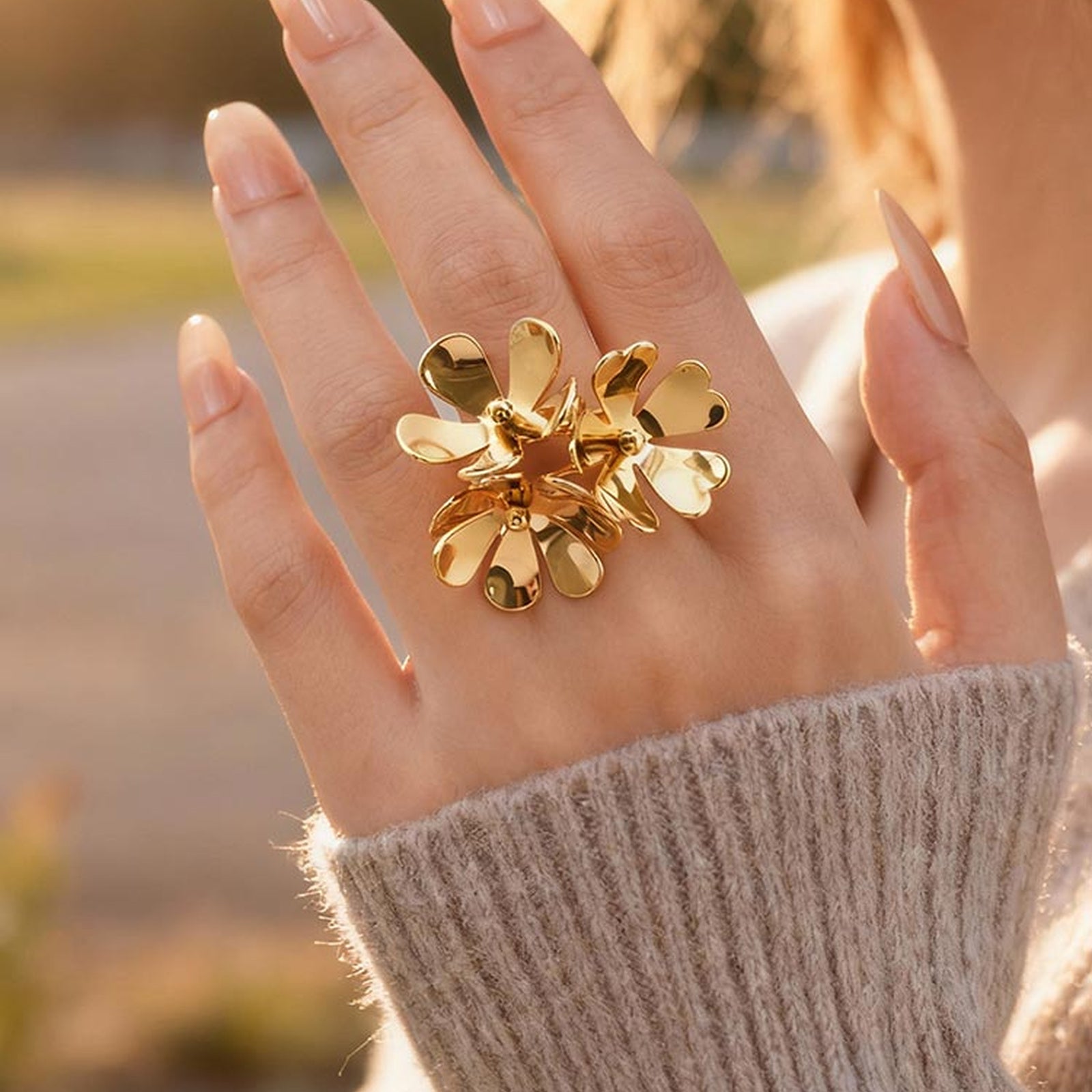 IG Style Flowers Ring For Women In 304 Stainless Steel With 18K Gold Plated PVD Coated Finish And 0.03µm-0.05µm Thickness
