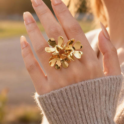 IG Style Flowers Ring For Women In 304 Stainless Steel With 18K Gold Plated PVD Coated Finish And 0.03µm-0.05µm Thickness