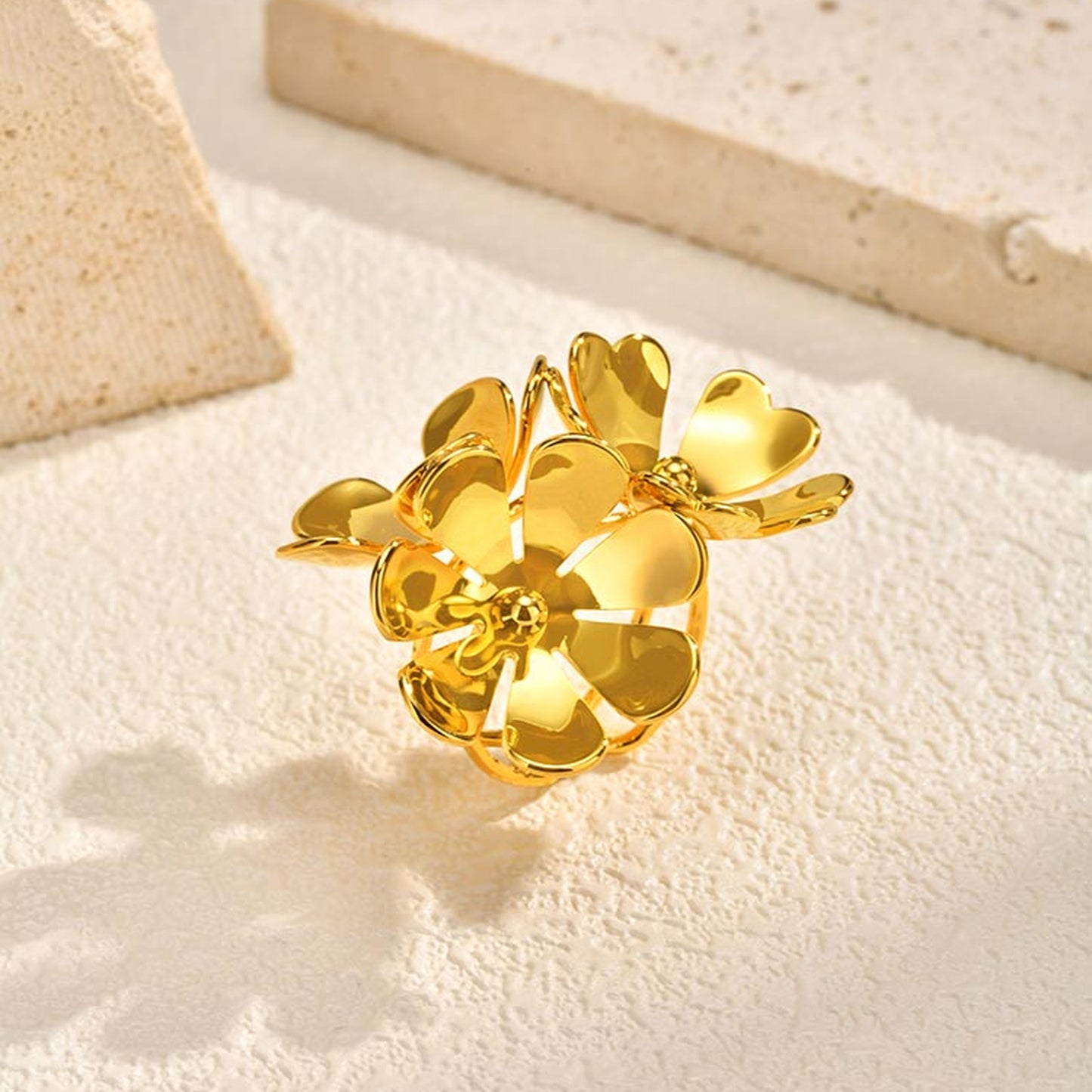 IG Style Flowers Ring For Women In 304 Stainless Steel With 18K Gold Plated PVD Coated Finish And 0.03µm-0.05µm Thickness