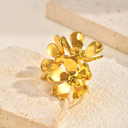 IG Style Flowers Ring For Women In 304 Stainless Steel With 18K Gold Plated PVD Coated Finish And 0.03µm-0.05µm Thickness