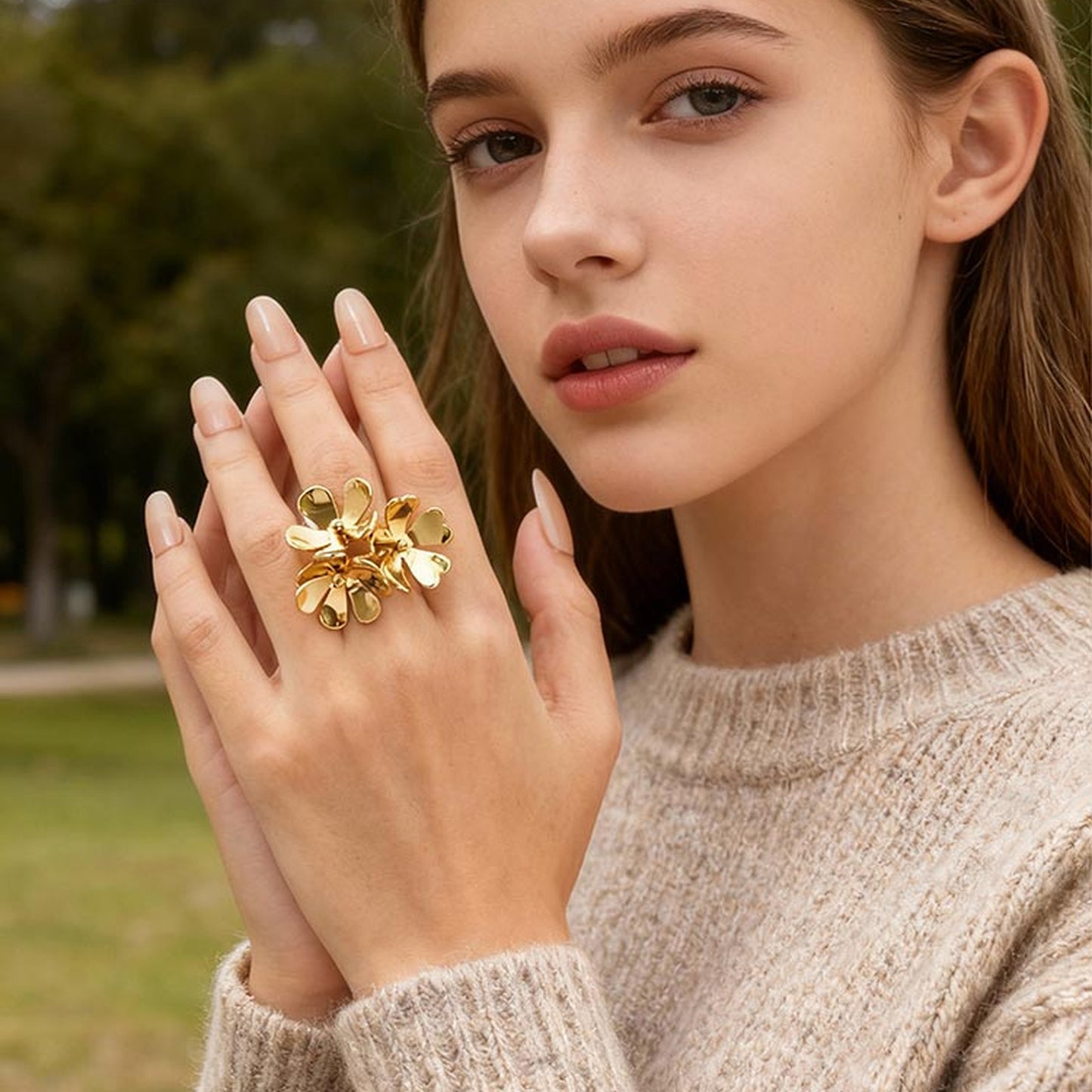 IG Style Flowers Ring For Women In 304 Stainless Steel With 18K Gold Plated PVD Coated Finish And 0.03µm-0.05µm Thickness