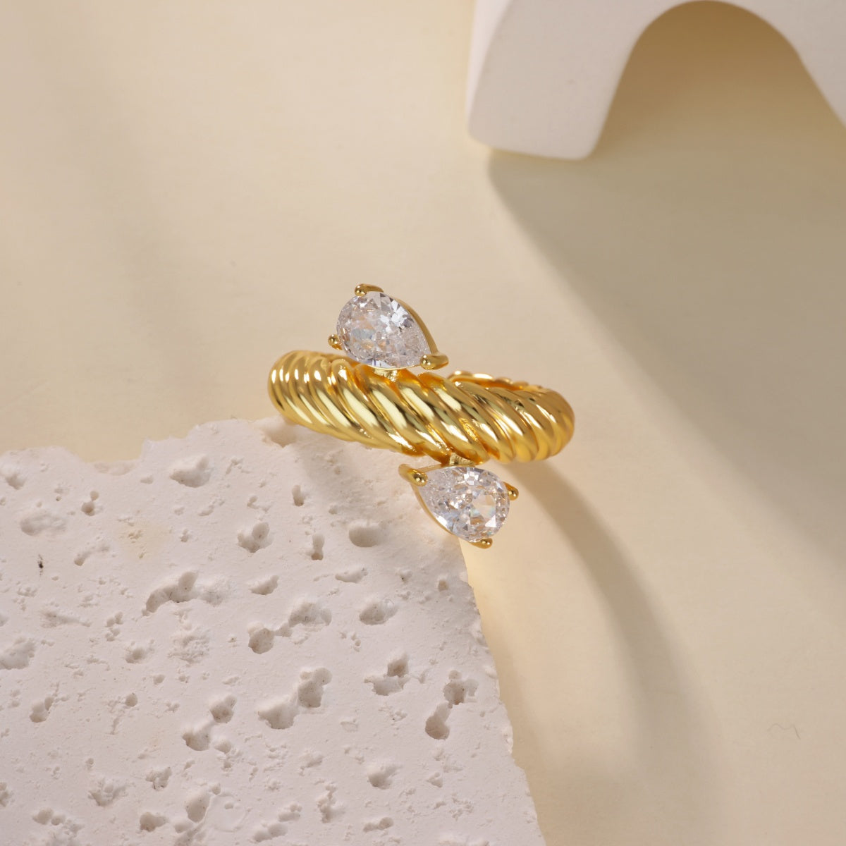 Water Droplets Ring For Women In Electroplated Copper With 18K Real Gold Plated Finish And Zircon Inlay