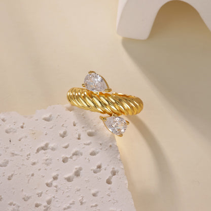 Water Droplets Ring For Women In Electroplated Copper With 18K Real Gold Plated Finish And Zircon Inlay
