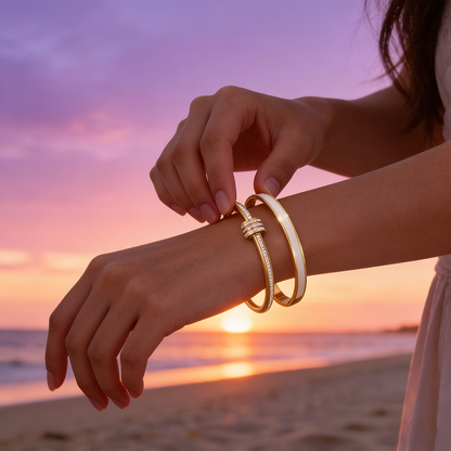 For Wedding Season Solid Color Unisex Bangle In 304 Stainless Steel With 18K Real Gold Plated And Zircon Inlay