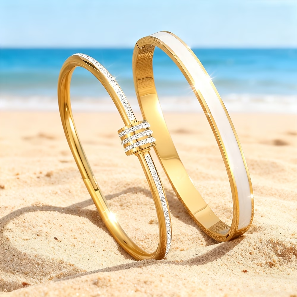 For Wedding Season Solid Color Unisex Bangle In 304 Stainless Steel With 18K Real Gold Plated And Zircon Inlay