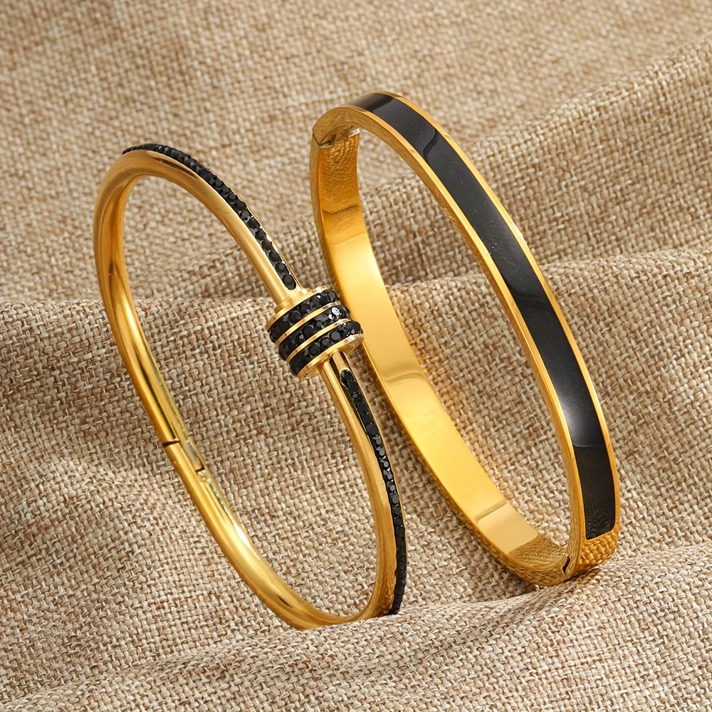 For Wedding Season Solid Color Unisex Bangle In 304 Stainless Steel With 18K Real Gold Plated And Zircon Inlay
