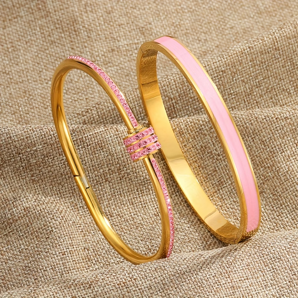 For Wedding Season Solid Color Unisex Bangle In 304 Stainless Steel With 18K Real Gold Plated And Zircon Inlay