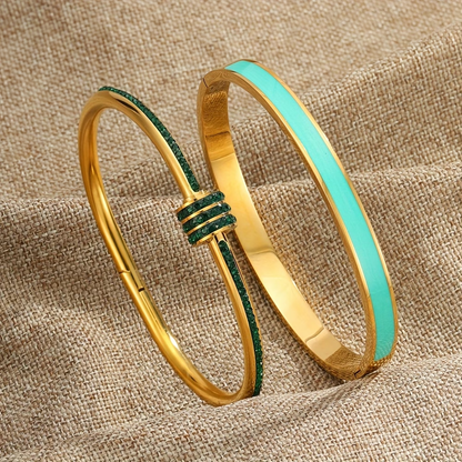 For Wedding Season Solid Color Unisex Bangle In 304 Stainless Steel With 18K Real Gold Plated And Zircon Inlay
