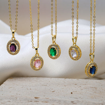 Oval Pendant Necklace For Women In Brass With 18K Real Gold Plated Finish Featuring Zircon On Cable Chain