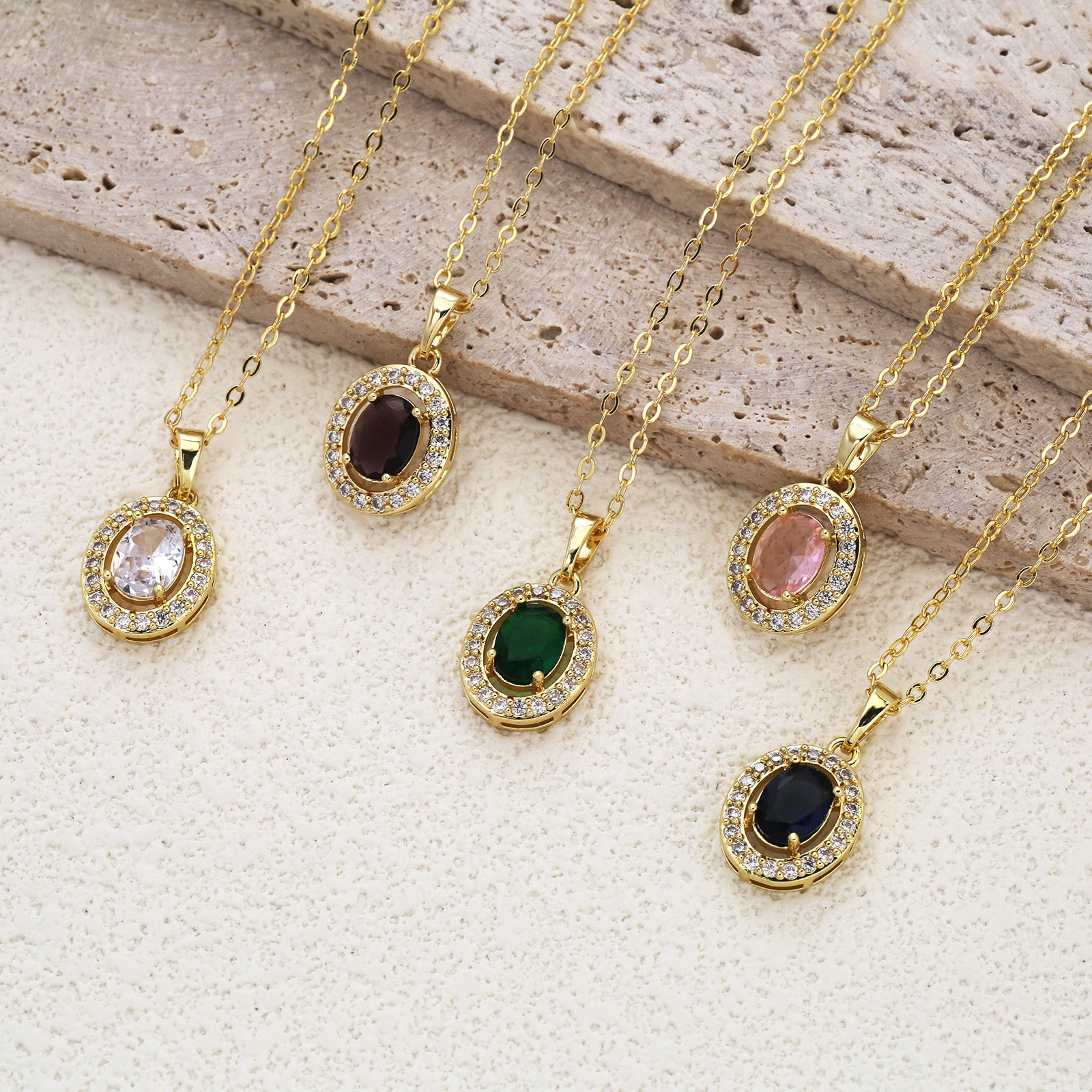 Oval Pendant Necklace For Women In Brass With 18K Real Gold Plated Finish Featuring Zircon On Cable Chain