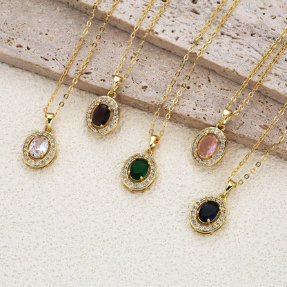 Oval Pendant Necklace For Women In Brass With 18K Real Gold Plated Finish Featuring Zircon On Cable Chain