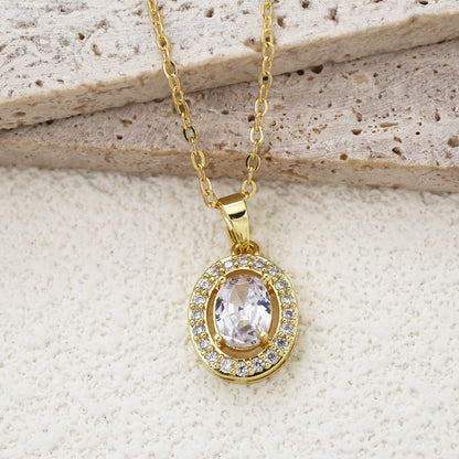 Oval Pendant Necklace For Women In Brass With 18K Real Gold Plated Finish Featuring Zircon On Cable Chain