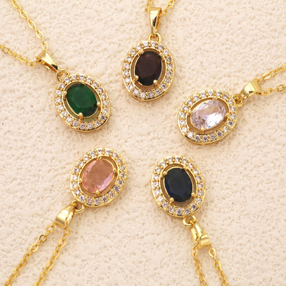Oval Pendant Necklace For Women In Brass With 18K Real Gold Plated Finish Featuring Zircon On Cable Chain