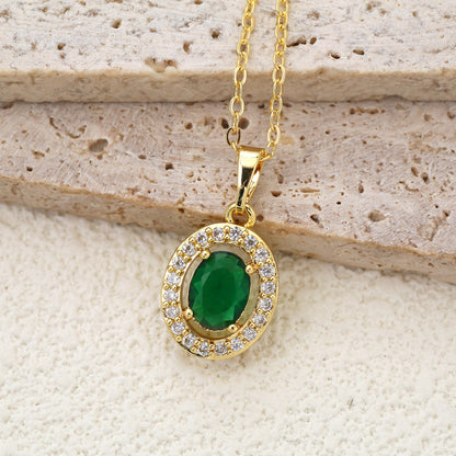 Oval Pendant Necklace For Women In Brass With 18K Real Gold Plated Finish Featuring Zircon On Cable Chain