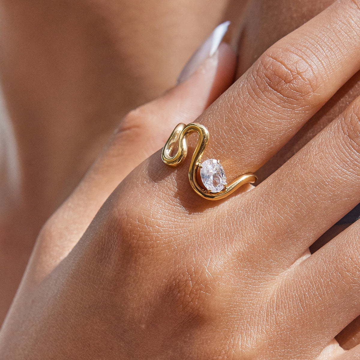 For Women Irregular Rings Made Of 304 Stainless Steel With Electroplated 18K Real Gold Plated And Zircon Inlay