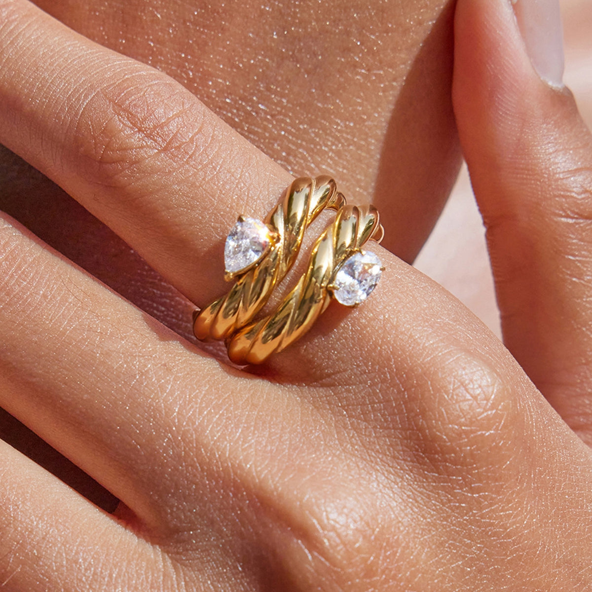 For Women Irregular Rings Made Of 304 Stainless Steel With Electroplated 18K Real Gold Plated And Zircon Inlay