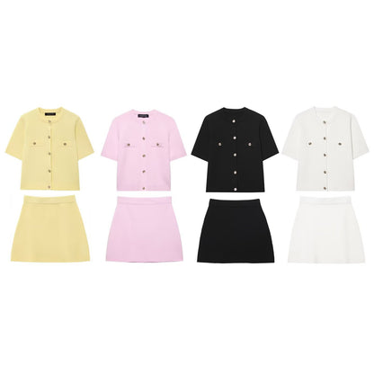 Casual Solid Color Skirt Co-ord Set In Polyester Featuring Knitted Craft With Sleeveless Coat For Spring