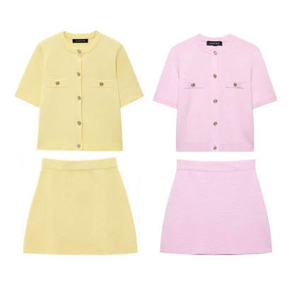 Casual Solid Color Skirt Co-ord Set In Polyester Featuring Knitted Craft With Sleeveless Coat For Spring