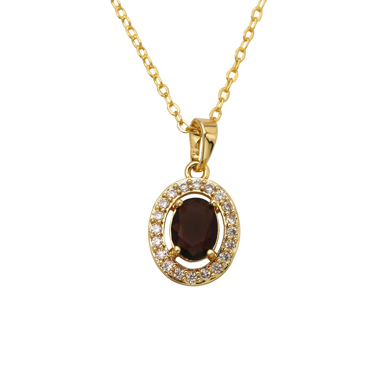 Oval Pendant Necklace For Women In Brass With 18K Real Gold Plated Finish Featuring Zircon On Cable Chain