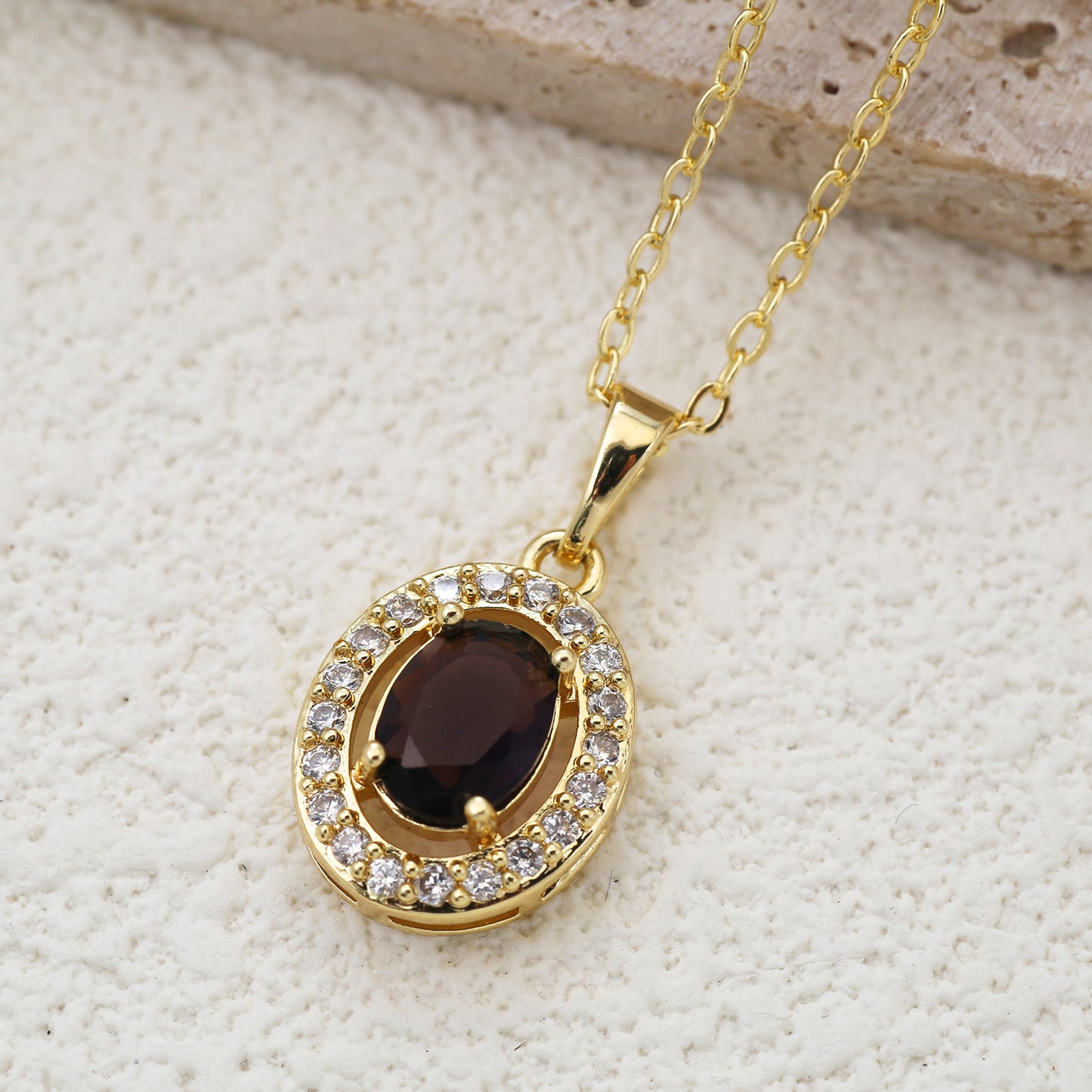 Oval Pendant Necklace For Women In Brass With 18K Real Gold Plated Finish Featuring Zircon On Cable Chain