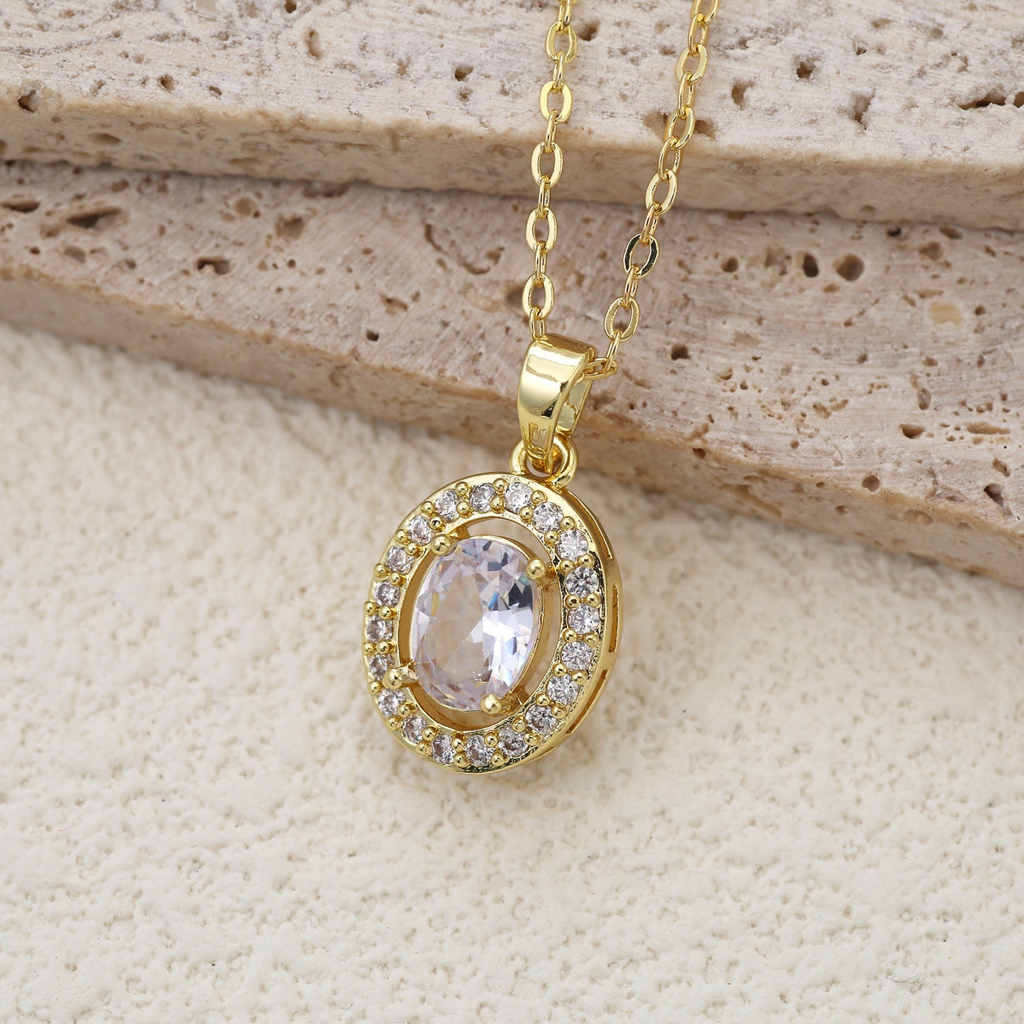 Oval Pendant Necklace For Women In Brass With 18K Real Gold Plated Finish Featuring Zircon On Cable Chain